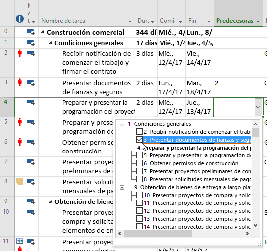 vinculación de tareas en el menú desplegable